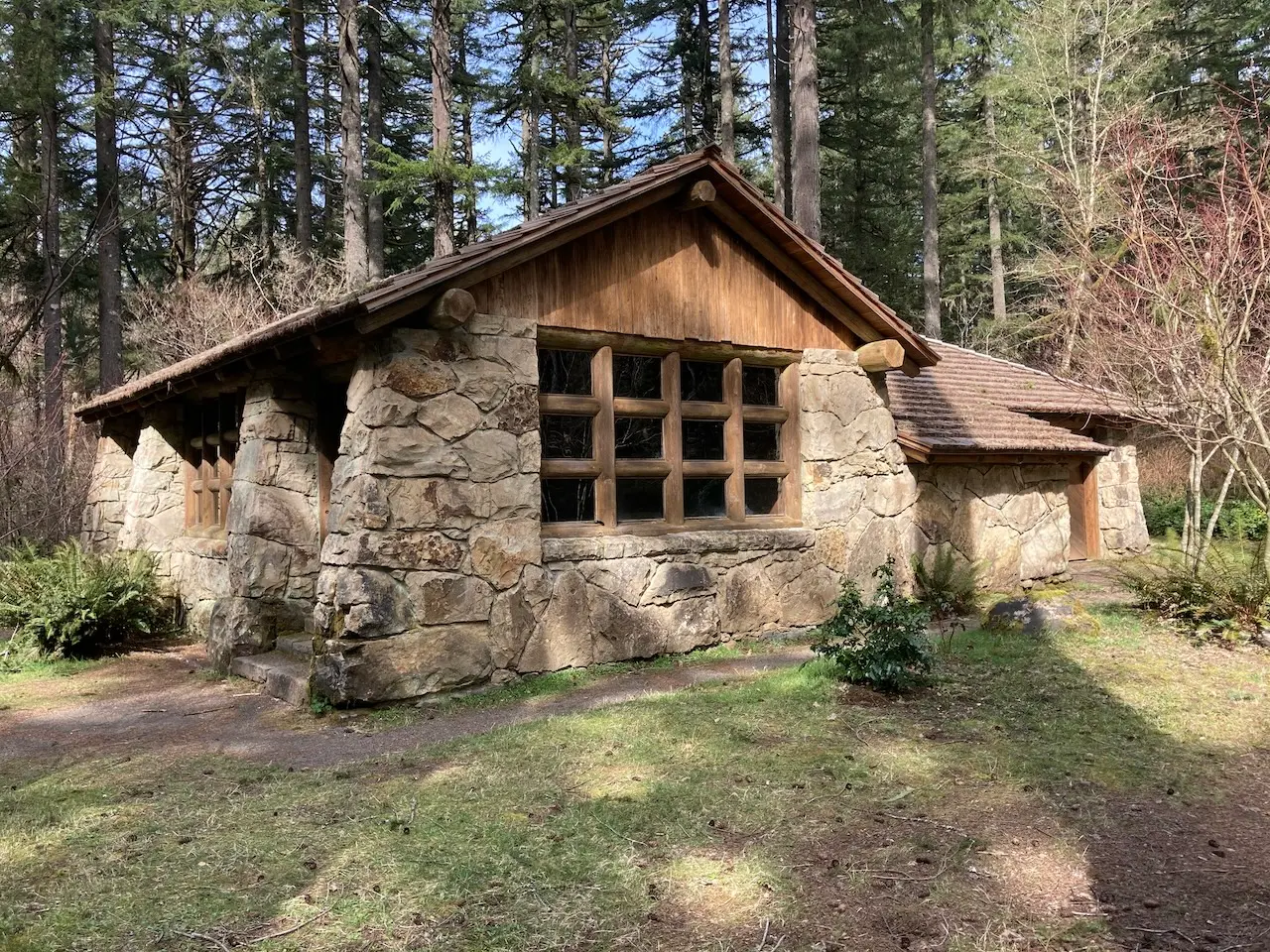 Historic stone kitchen shelter building at Silver Falls State Park forest area