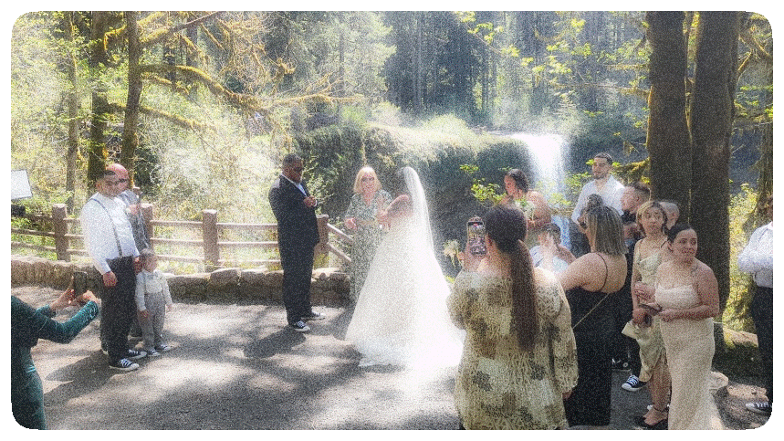 A hiker finds himself in a wedding procession at the top of South Falls. (Note, this was likely an unpermitted “pop-up” wedding venue. Please check with the Park first!)